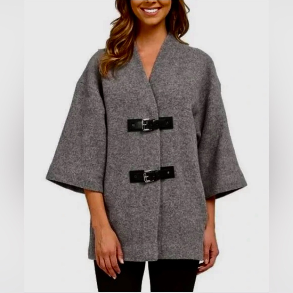 NWOT Michael Kors Grey Merino Wool Buckle Front Poncho/Coat
